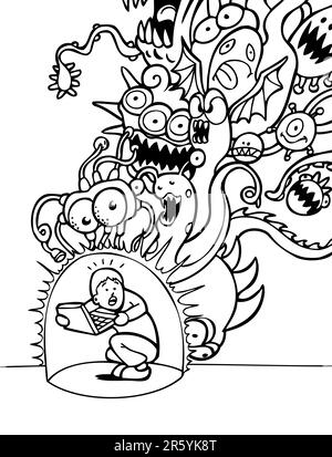 Le téléchargement d'un virus peut être dangereux. Les créatures monsterous tombent du ciel comme un programme de virus d'homme fournit la protection à un homme et son ... Illustration de Vecteur