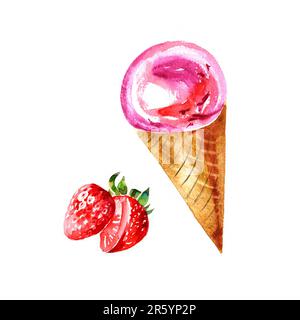 Crème glacée à l'aquarelle rose dans un cône de gaufre isolé sur fond blanc. Illustration dessinée à la main. Banque D'Images