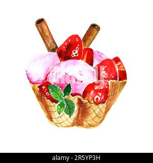 Crème glacée à l'aquarelle rose dans un cône de gaufre isolé sur fond blanc. Illustration dessinée à la main. Banque D'Images