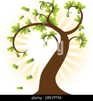 Un arbre avec des feuilles de billets de dollars et un fond de soleil. Illustration de Vecteur