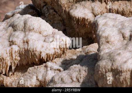 Le sel naturel stalactites cristaux à la mer Morte, point le plus bas sur terre Banque D'Images