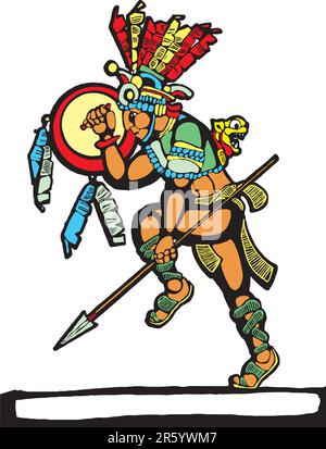 Mayan warrior designed after Mesoamerican Pottery and Temple Images. Stock Vector