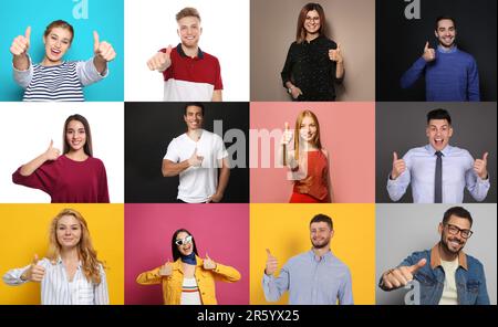 Collage avec des photos de personnes montrant des pouces sur des arrière-plans de différentes couleurs Banque D'Images