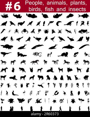 Ensemble #  6. Grande collection de silhouettes vecteur collage de personnes, d'animaux, oiseaux, poissons, insectes et fleurs Illustration de Vecteur
