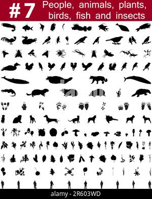 Ensemble #  7. Grande collection de silhouettes vecteur collage de personnes, d'animaux, oiseaux, poissons, insectes et fleurs Illustration de Vecteur