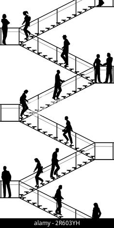 Silhouettes vecteur modifiable de personnes à monter et descendre les escaliers avec tous les éléments en tant qu'objets séparés Illustration de Vecteur