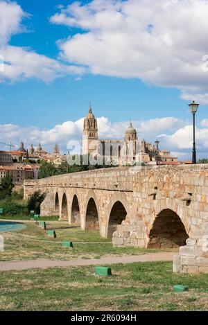 Pont romain de Salamanque, vue en été du pont romain (Puente Romano) menant à la ville historique de Salamanque, Castilla y Leon, Espagne Banque D'Images