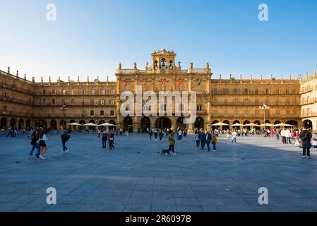 Salamanca Baroque, view at dusk in summer of the grand town hall sited within the baroque Plaza Mayor in the historic Spanish city of Salamanca, Spain Stock Photo