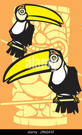 Oiseaux toucan Tropical tiki rétro avec en arrière-plan. Illustration de Vecteur