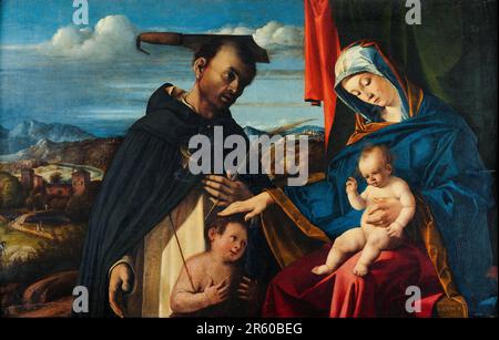 Madonna et l'enfant avec les jeunes St Jean-Baptiste et St Peter Martyr, peinture à l'huile sur panneau par Lorenzo Lotto, 1503 Banque D'Images