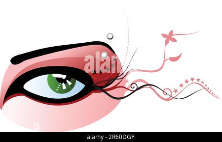 Illustration vectorielle d'un œil vert avec maquillage rouge et sourcils percés Illustration de Vecteur