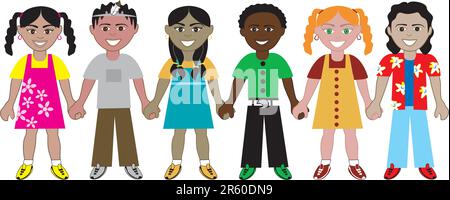 Vecteur de six enfants du monde entier tenant les mains dans l'unité. Diversité entièrement modifiable. Illustration de Vecteur