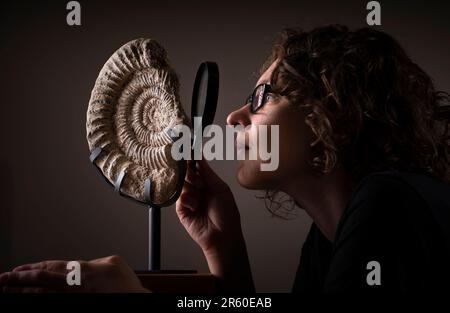 Dr Rebecca Bennion avec un ammonite du Haut Jurassique de 160 millions d'années de la collection du musée Whitby, en avance sur le festival des fossiles du Yorkshire à Whitby, dans le Nord du Yorkshire. Date de la photo: Mardi 6 juin 2023. Le Yorkshire Fossil Festival, qui se tient à Whitby les 10 et 11 juin, compte un large éventail d'experts en fossiles et de géologues, ainsi que des spectacles de cirque et des théâtres de rue du monde entier. Banque D'Images