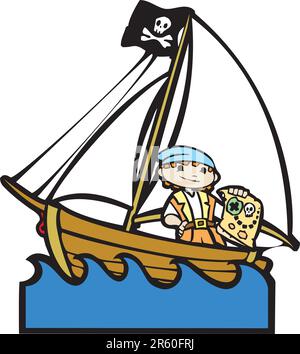 L'enfant simple bateau libre avec garçon en costume de pirate. Illustration de Vecteur