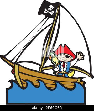 L'enfant simple bateau libre avec garçon en costume de pirate. Illustration de Vecteur