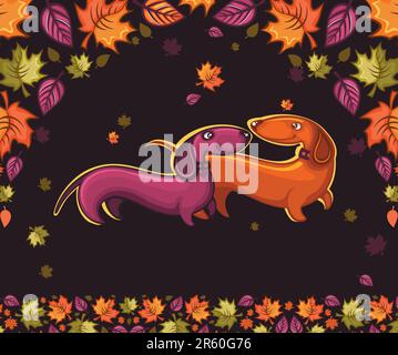 Deux Dachshunds amicaux, marchant dans le parc d'automne. Avec espace pour votre texte. Illustration de Vecteur