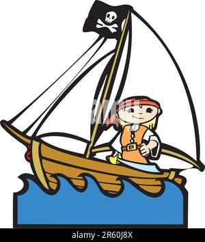 L'enfant simple bateau libre avec fille en costume de pirate. Illustration de Vecteur