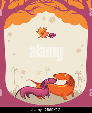 Deux Dachshunds amicaux, marchant dans le parc d'automne. Avec espace pour votre texte. Illustration de Vecteur