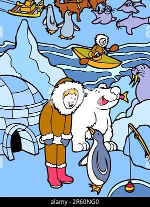 L'enfant vit près d'un igloo et de poissons dans le froid arctique avec l'ours polaire, le lion de mer, les pingouins et les chiens de traîneau. Illustration de Vecteur