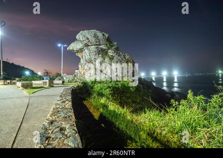 Itajaí-sc,brésil-juin 04,2023 le bec de Parrot, site touristique connu sous le nom de Bico do papagaio la nuit avec des lumières autour de vous, le tourisme à itajai. Banque D'Images