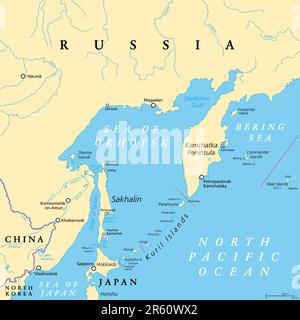 Mer d'Okhotsk, carte politique. Une mer marginale de l'océan Pacifique Nord, située entre la péninsule du Kamchatka, les îles Kouriles, Hokkaido et Sakhaline. Banque D'Images