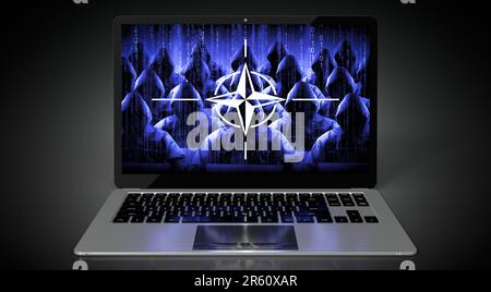 OTAN - drapeau de pays et hackers sur écran d'ordinateur portable - concept de cyber-attaque Banque D'Images