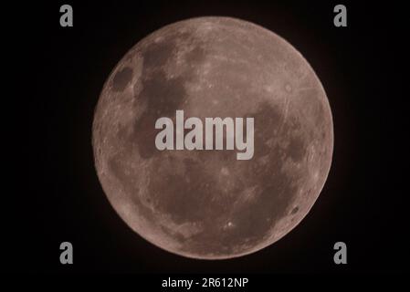 5 juin 2023, Melbourne, Victoria, Australie : une vue imprenable sur la pleine Lune des fraises dans le ciel de Melbourne, en Australie. La montée de la Lune de la fraise selon les Amérindiens, la pleine lune de juin s'appelle ''la Lune de la fraise'', qui est généralement la dernière pleine lune du printemps ou de la première lune de l'été. La pleine lune est communément appelée « Lune des mûres » en raison de son association avec la floraison des plantes de fraises dans les traditions amérindiennes. Il est également connu sous le nom de 'Lune des Smisters' en Afrique du Sud, coïncidant avec l'élévation de la constellation des Pléiades dans l'Hémispher du Sud Banque D'Images