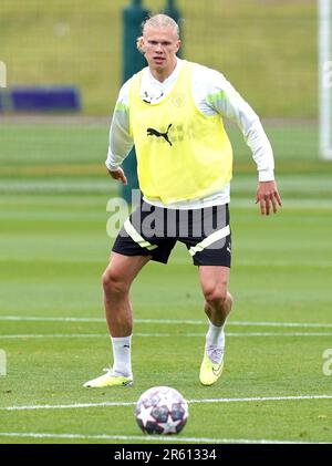 Erling Haaland de Manchester City lors d'une séance d'entraînement à la City football Academy de Manchester. La ville de Manchester jouera l'Inter Milan lors de la finale de la Ligue des champions de l'UEFA le samedi 10 juin. Date de la photo: Mardi 6 juin 2023. Banque D'Images