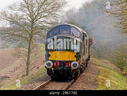 Locomotive diesel-électrique anglais de classe 37 sur le chemin de fer North Norfolk transportant un train de voyageurs près de Kelling lors d'un gala. Banque D'Images