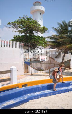 Panier de recyclage de bouteilles en forme de poisson sur la plage de Puerto Morelos Yucatan Mexique Banque D'Images