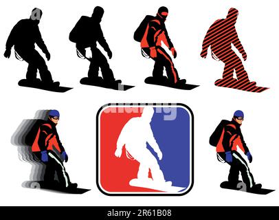 silhouettes de snowboard pour jeunes hommes, détails différents Illustration de Vecteur