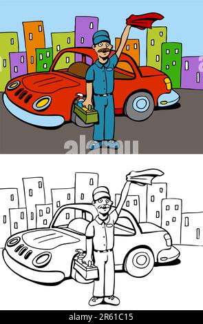 Cartoon image d'un homme de service qui vient de laver une voiture - couleur et noir / blanc versions. Illustration de Vecteur