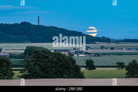 Supermoon pleine lune se levant à côté de Byres Hill au crépuscule ou au crépuscule, East Lothian, Écosse, Royaume-Uni Banque D'Images