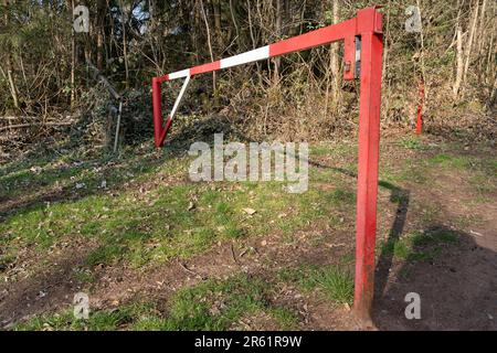 Barrière métallique rouge avec bandes blanches dans la forêt Banque D'Images