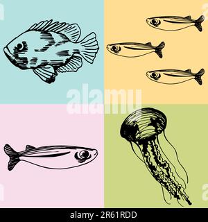 Ensemble de 4 dessins différents de créatures marines. Illustration de Vecteur