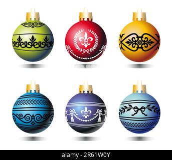 Six boules de Noël vectorielles colorées avec ornements anciens, éléments de design pour votre dessin, illustration vectorielle et 300 dpi JPG. Illustration de Vecteur