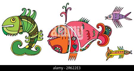 Jolis poissons colorés isolés sur fond blanc Illustration de Vecteur