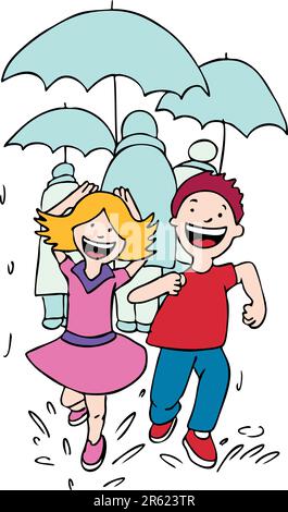Deux enfants s'amusent à courir sous la pluie. Illustration de Vecteur