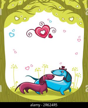 Deux Dachshunds amicaux, marchant à la Saint-Valentin dans le parc. Avec espace pour votre texte. Illustration de Vecteur