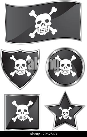 Un ensemble de 5 drapeaux de pirate différents. Illustration de Vecteur