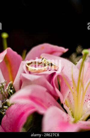 Image des anneaux de mariage sur nénuphars roses Banque D'Images