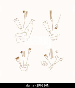 Compositions d'accessoires et d'outils de teinture pour cheveux dessinant sur fond marron Illustration de Vecteur