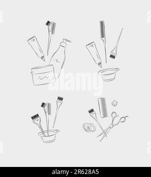 Compositions d'accessoires et d'outils de teinture pour cheveux dessinant sur fond clair Illustration de Vecteur