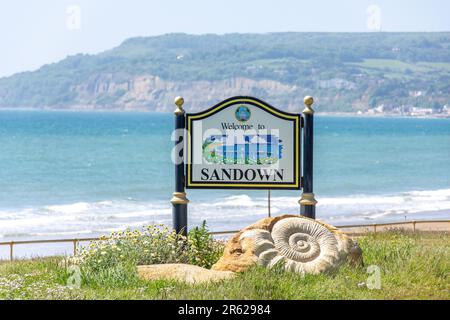 Bienvenue au panneau Sandown, Culver Parade, Sandown, Ile de Wight, Angleterre, Royaume-Uni Banque D'Images