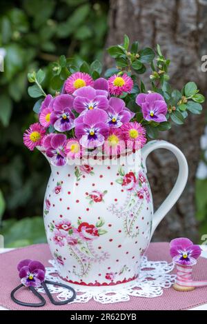 bouquet de fleurs de violons roses et de bellis perennis dans un vase Banque D'Images