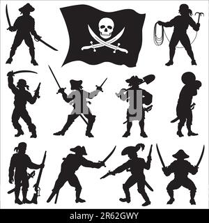 Silhouettes de pirates des membres de l'équipage avec le drapeau jolly roger. Illustration de Vecteur