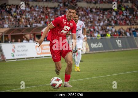 Lausanne, Vaud, Suisse. 6th juin 2023. Lucas Pos du FC Stade Lausanne-Ouchy (4) est en action lors du match de la Super League suisse, rond-point 2 entre le FC Stade Lausanne-Ouchy et le FC Sion. La Super League suisse, ronde 2, a eu lieu au stade olympique de la pontaise à lausanne, dans la capitale olympique. (Credit image: © Eric Dubost/ZUMA Press Wire) USAGE ÉDITORIAL SEULEMENT! Non destiné À un usage commercial ! Banque D'Images