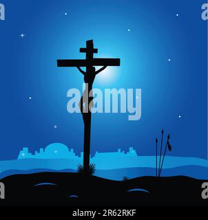 Scène de calvaire de Pâques avec croix dans la nuit sombre. Crucifixion de Jésus-Christ. Illustration vectorielle. Illustration de Vecteur