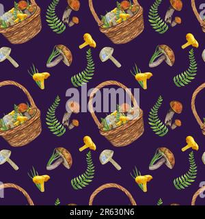 Panier en osier à motif sans couture, champignons comestibles, herbe, feuilles. Encore-vie d'automne. Composition des dons de forêt. Illustration aquarelle dessinée à la main Banque D'Images
