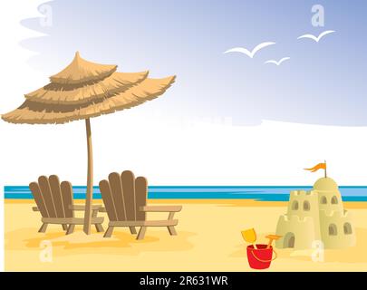 Plage d'été, chaises, parasol, château de sable et jouets. Illustration de Vecteur